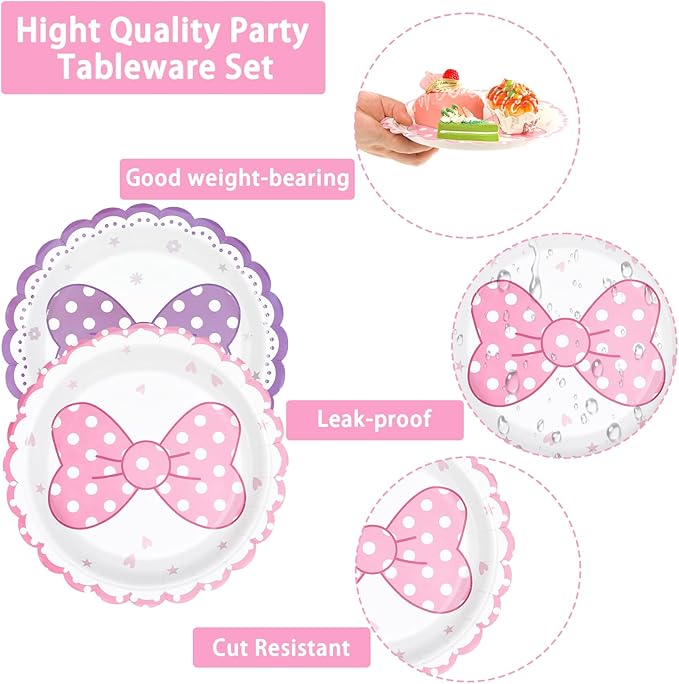 96Pcs Cartoon Mouse Party Decorations Cute Mouse Birthday Paper Plates and Napkins Tableware Sets Pink and Purple Bows Themed Decor for Girls Holiday Birthday Party Supplies Serves 24