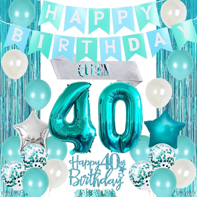 40th Birthday Decorations for Women Girls Teal - Queen Sash Happy Birthday Banner Cake Topper Number 40 Foil Balloon Foil Curtain for Turquoise Fortieth Birthday Decorations Party Supplies for Her