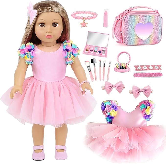 American 18 Inch Doll Clothes and Accessories Makeup Playset Including Fashion Skirt, Bag, Eye Shadow Plate, Lipstick, Comb Mirror, Pair of Hairpins, Makeup Brushes, Bracelet（NO Dolls）