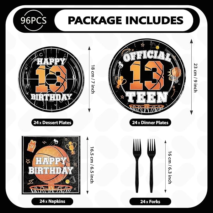 96pcs 13th Birthday Party Supplies Basketball Plates and Napkins Disposable Basketball Sports Theme Tableware Set for Boys Kids Official Teen 13 Years Old Birthday Party Decorations, Serves 24