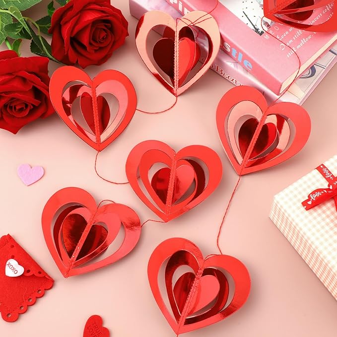MARFOREVER 41 Ft 3D Red Heart Paper Garland, Pre-Strung 5 Pack Valentines Decorations Heart Shape Banner Valentine Hanging Streamers for Valentine's Day Wedding Engagement Bridal Shower Party Decor