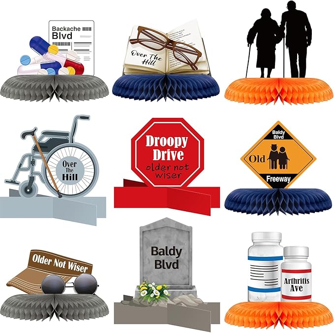Leinuosen 9 Pcs Over The Hill Party Supplies Old Age Honeycomb Table Centerpieces Over The Hill Birthday Decorations Old People Gag Gifts Table Toppers Centerpiece for Retirement Party Decor