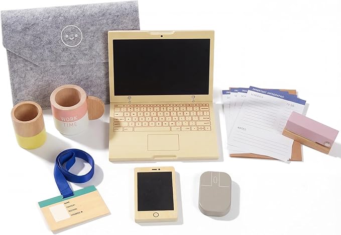 Wooden Pretend Play Home Office Set for Kids,10Pcs Office Playset with Wooden Toy Laptop & Phone,Toddlers Beverage Cup for Preschool Kid Ages 3+ Years