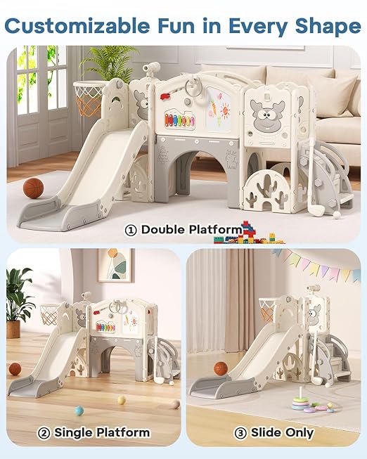 BIERUM Toddler Slide Set with Basketball Hoop, Golf Game & Drawing Board, 13-in-1 Indoor Outdoor Toddler Slides Playground for Kids Ages 1+, Kids Climber Playset for Backyard (Cream&Gray)