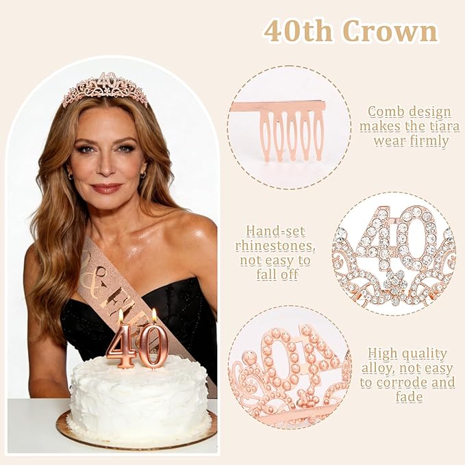 Semato 40th Birthday Decorations for Women Sash and Crown Tiara Kit Rose Gold 40th Birthday Gifts Her Party Supplies