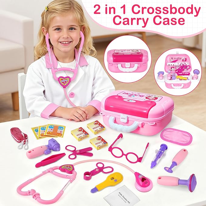 Doctor Costume for Kids - Dr Medical Pretend Play Toys Set for Girls - Doctors Kit for Toddlers 3-5 - Nurse Sets for Girl 22Pcs - Doctors Playset for Toddler Ages 3 4 5 6 Year Old