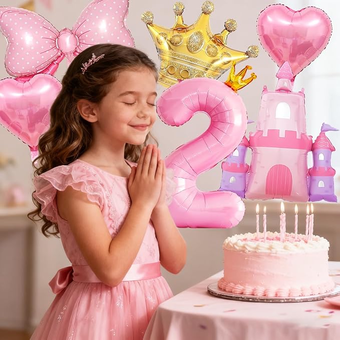 Princess Balloons for 2nd Birthday Decorations for Girl Pink Castle Balloons Large Pink Crown Number 2 Balloon for Princess Birthday Party Decorations