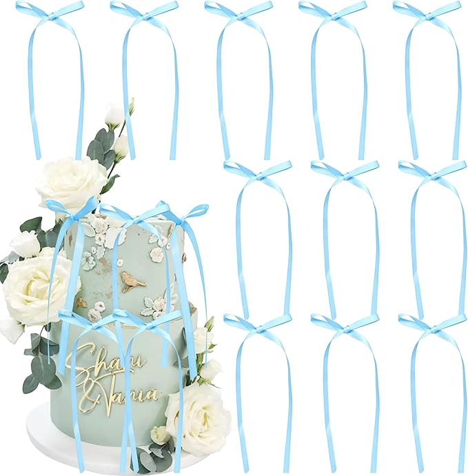 Ephlyn 30Pcs Bow Cupcake Toppers Valentine's Bowknot Ribbons Coquette Bow High Footed Cup Balloon Wall Party Decorations Cake Dessert Picks Baby Girl Birthday Wedding Party Supplies Lake Blue