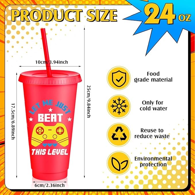 8 Pcs Video Game Plastic Cups Gaming Party Favor with Lids and Straws 24 oz Gamer Reusable Tumbler Water Mug for Fun Video Birthday Party Supplies for Adults (Colorful)