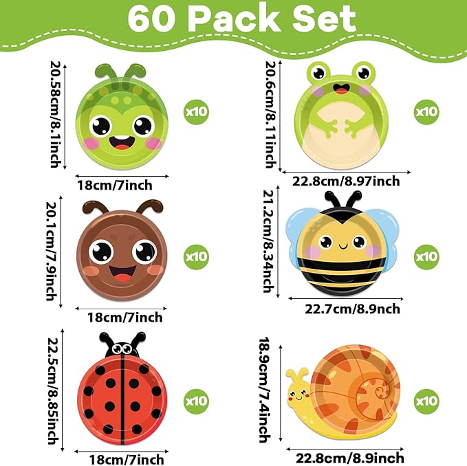 60 Pcs Bugs Party Plates Party Supplies Ladybug Bee Shaped Paper Plates Spring Garden Insect Animals Tableware for Kids Girls Boys Dinner Dessert Picnic Birthday Baby Shower Favor 7"