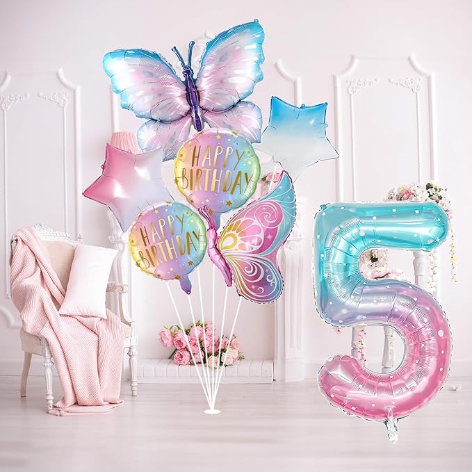 Butterfly Balloons - 5th Birthday Decorations for Girls, Gradient Pink Colorful Foil Balloons, Giant Number 5 Foil Mylar Balloon, 5 Years Old Butterfly Theme Party Supplies