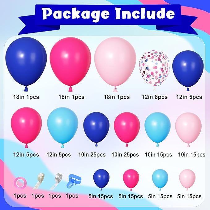 170Pcs Blue and Pink Balloons Arch Garland Kit, Royal Light Blue Hot Pink Confetti Balloons for Kid Summer Hawaii Tropical Gender Reveal Baby Shower Cartoon Themed Birthday Party Decorations Supplies