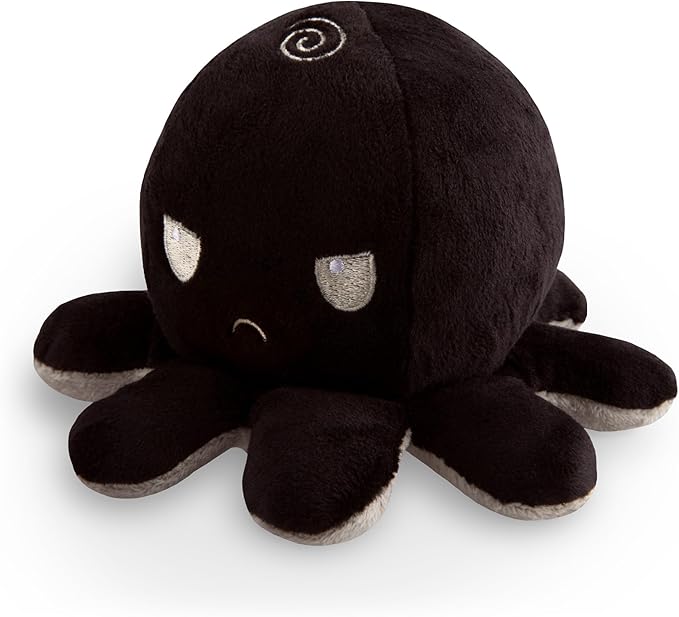 TeeTurtle Reversible Octopus Plushie 4-Inch Black + Gray Two-Sided Flip Plush Toy with Embroidered Details - Cute Mini Collectible Plush for Kids, Teens, and Adults