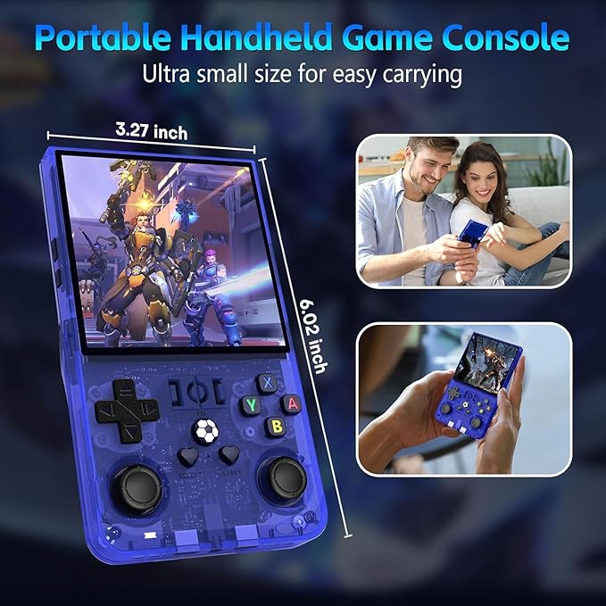 R36MAX Handheld Game Console, Retro Gaming Console with 4000mAh Battery 4.0”IPS Screen, Open Source Linux System, with 64GB TF Card Portable Video Gaming Console, Transparent Blue