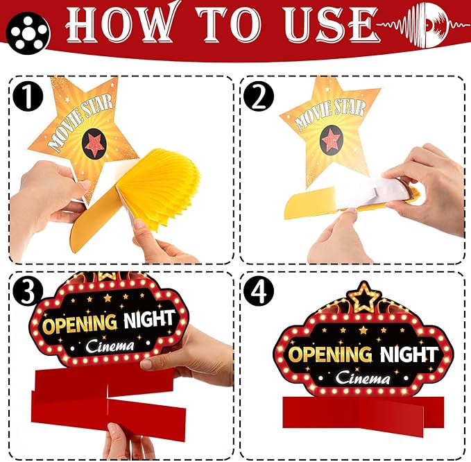 Chinco 12 Pieces Movie Night Party Decorations Supplies Movie Theater Honeycomb Centerpiece 3D Microphone Ticket Star Video Paper Centerpiece Sign Table Decoration for Theater Birthday Party Favors