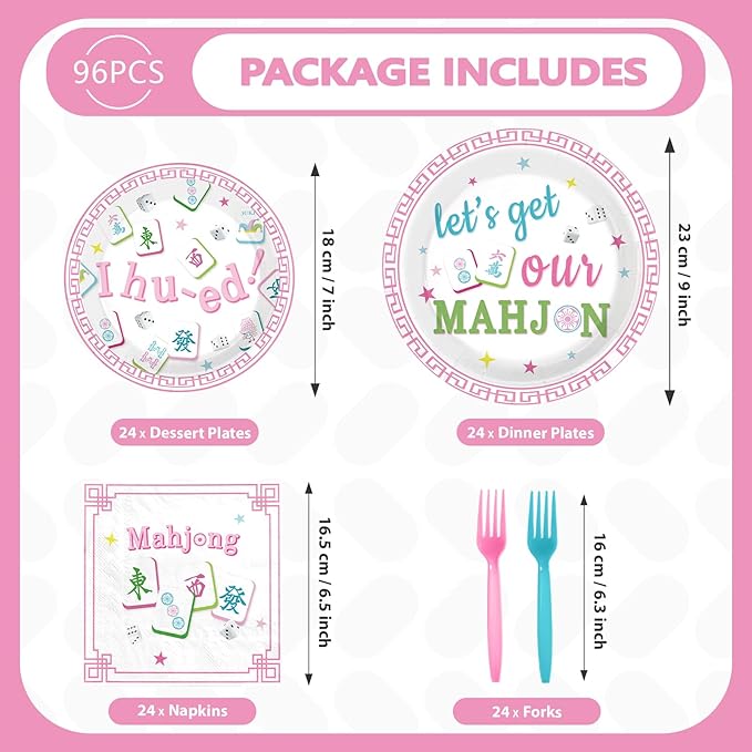 96Pcs Mah-jong Party Supplies Mah Jong Plates and Napkins Mah-jongg Chinese Game Tableware Set for Asian-Themed Gatherings Game Nights Bridal Showers Birthday Party Supplies Serves 24