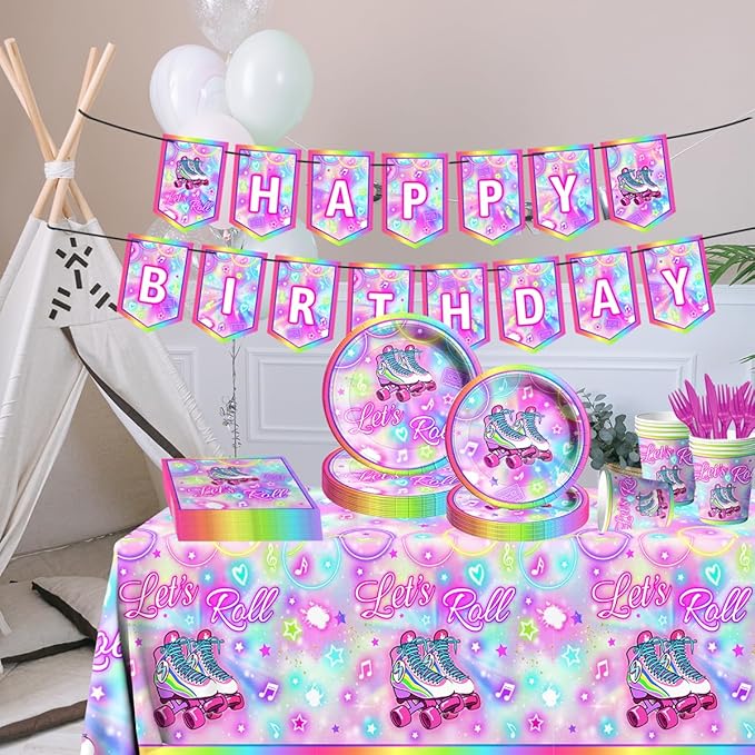 142Pcs Roller Skating Birthday Party Supplies Tableware Set Roller Skater Decoration Let's Roll Birthday for Boy or Girl,Colorful Plates and Napkins Cups Tablecloth Banner