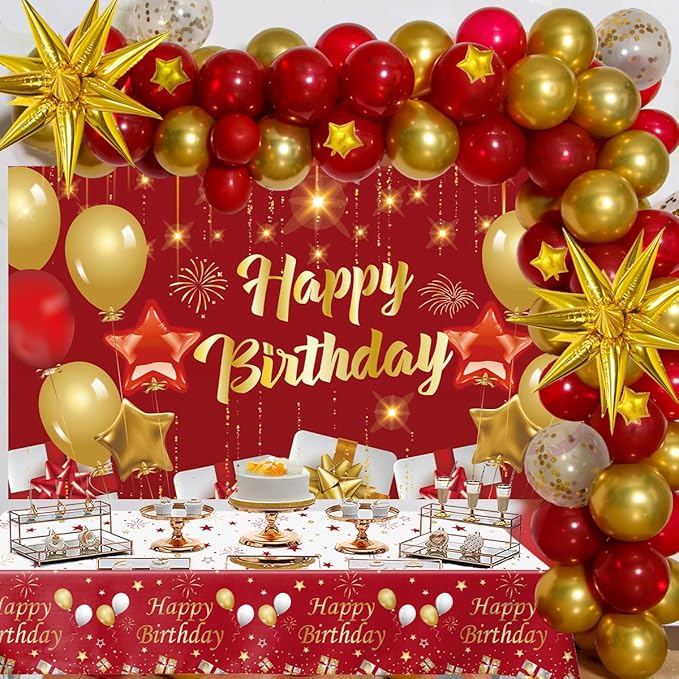 Red and Gold Birthday Decorations for Women Men Girls Boys, 72pcs Red and Gold Party Decorations Happy Birthday Backdrop Burgundy Confetti Star Balloon Arch Table Cloth Party Supplies