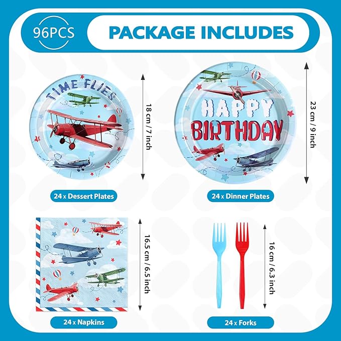 96Pcs Airplane Birthday Party Decorations Red & Blue Airplane Aircraft Plates and Napkins Tableware Set How Time Flies Birthday Decorations for Boys Baby Shower Pilot Plane Party Supplies Serve 24