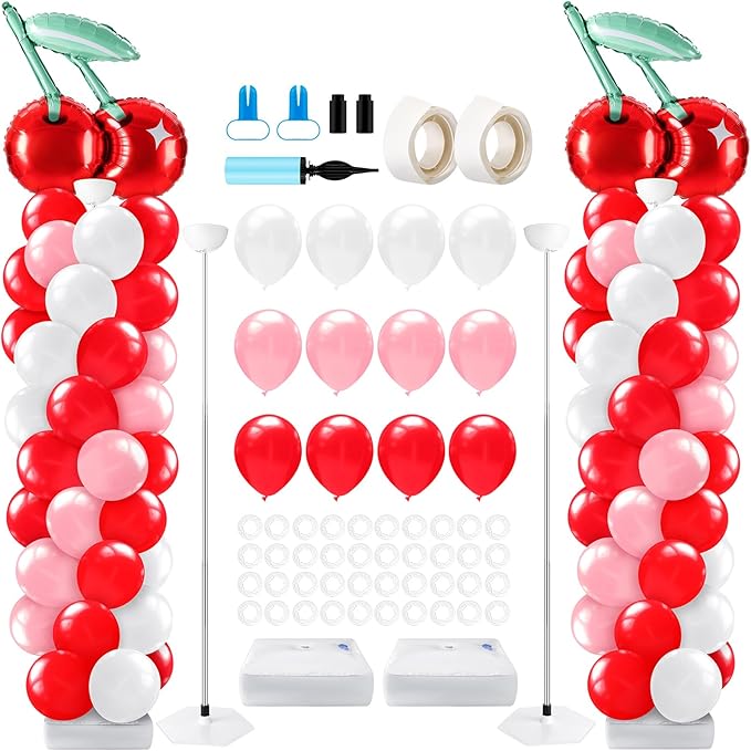 Kasyat 2 Set Cherry Balloon Column Stand Kit with Adjustable Balloon Arch Kit Red Cherry Party Supplies for Girls Summer Fruit Wedding Baby Shower Birthday Party Supplies