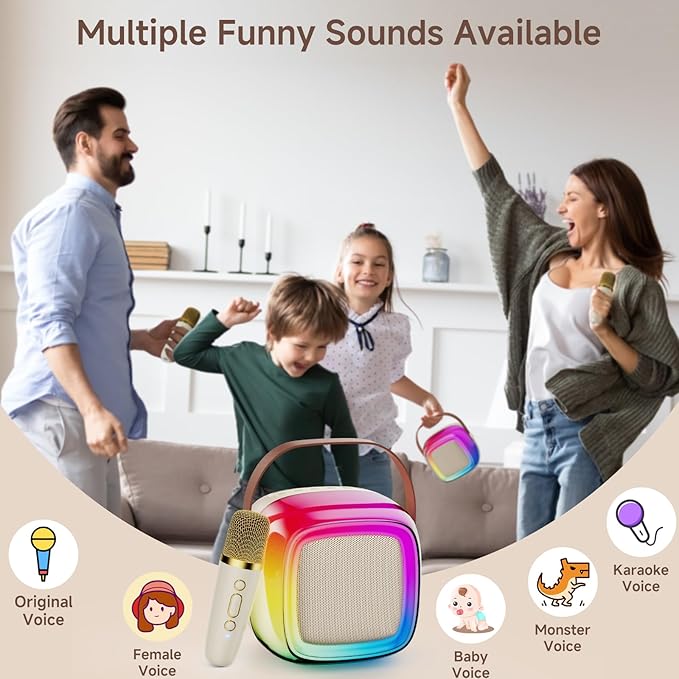 JYX Mini Karaoke Machine for Kids Adults, Portable Bluetooth Speaker with 2 Microphones, Support TF/AUX Input/4 Funny Magic Voice (Rainbow-1 Mic)