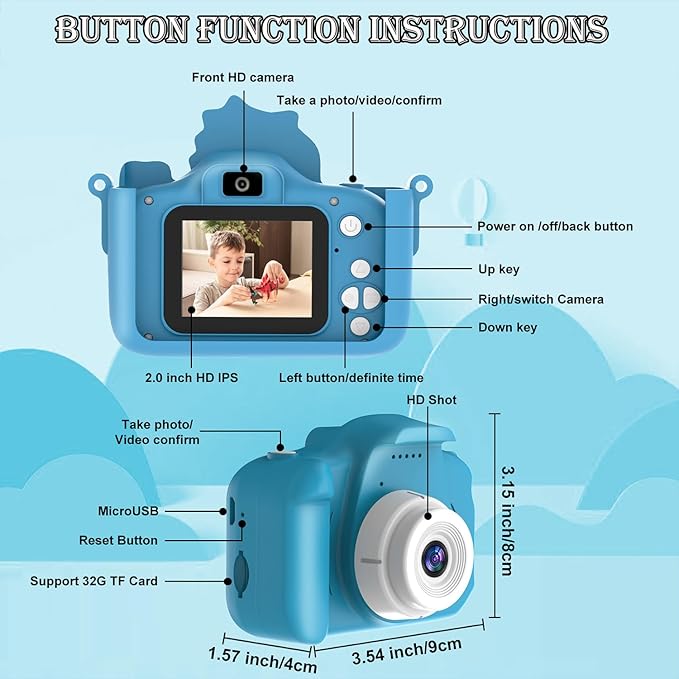 Kids Digital Camera, 1080P HD Video Camera for Toddlers with 32GB SD Card, Dinosaur Protective Case, Card Reader, Fun Selfie Toy Camera for Ages 3-12, Christmas/Birthday Gift for Boys & Girls (Blue1)