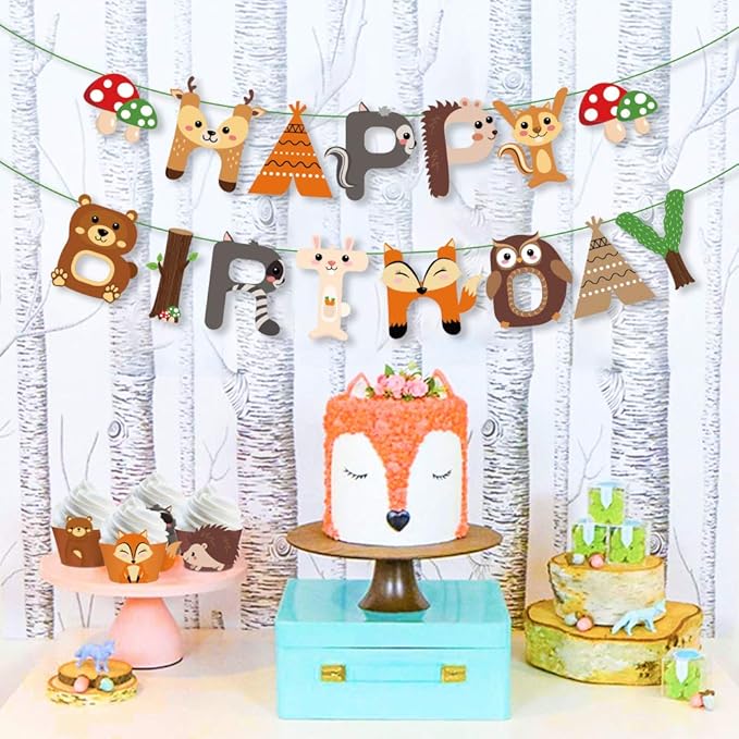 CC HOME Woodland Creature Birthday Banner,Woodland Animals Happy Birthday Forest Friend Animal Banner for Kids,Boys,Baby Shower,Birthday Party Decoration