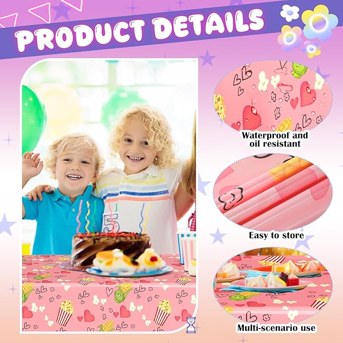 2 Pcs Birthday Party Decorations Plastic Cute Birthday Tablecloth 108 x 54 Inches Disposable Rectangle Tablecover for Boys Girls Kids Baby Shower Party Supplies (Popcorn Pop)