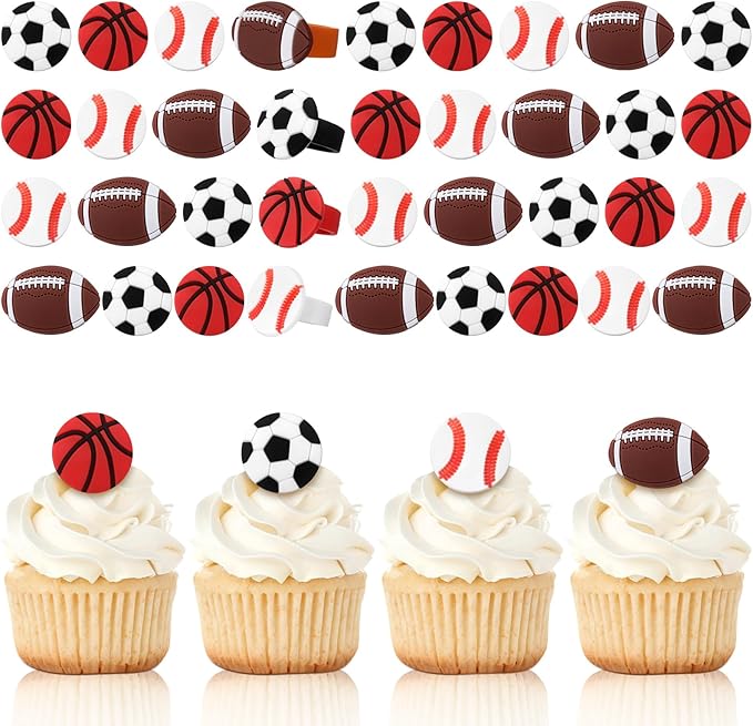 Honeydak 48 Pcs Sports Cupcake Toppers Senior Night Basketball Decoration Football Softball Soccer Cupcake Rings Toppers Picks Decoration 2026 for Sport Football Party Birthday Party Cake Supplies