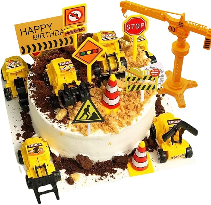18 PCS Construction Cake Toppers Vehicles Cake Decoration Set Excavator Tower Crane Cupcake Topper Traffic and Road Sign Decor Happy Birthday Party Supplies Favors