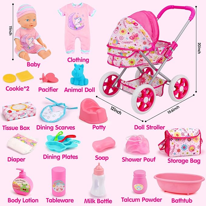 Baby Doll Stroller Set Toys for Girls Toddlers 3-5 4-6 5-7, Baby Doll Playset with 11" Doll, Bathtub and 20PCS Baby Doll Accessories, Baby Stroller Toys for 2 3 4 5 Year Old Girls Birthday Gifts