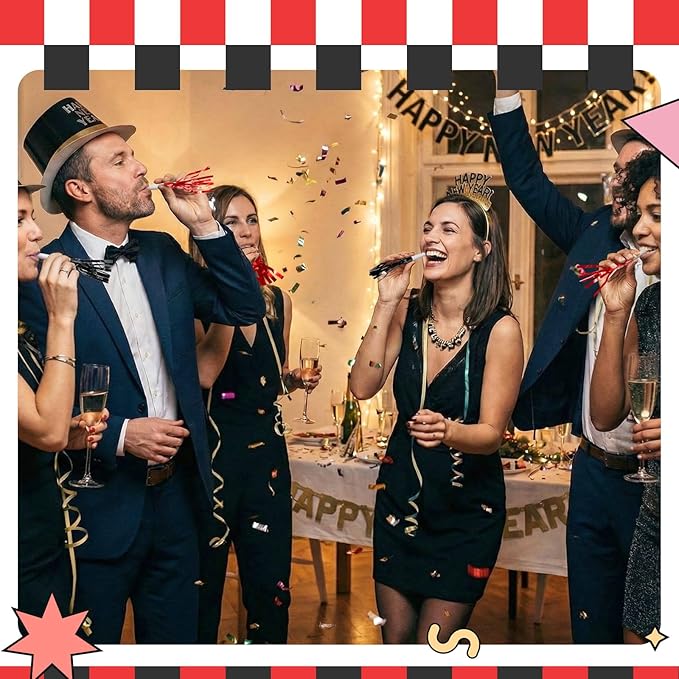 Sumind 24 Pcs Black and Red Noise Makers Glitter Noise Makers Metallic Fringed Party Blowers for Adults Birthday Graduation Sporting Events 2026 New Years Party Favor Supplies