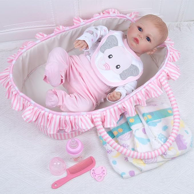Reborn Baby Doll Clothes 18-22 Inch Pink Elephant Newborn Reborn Baby Clothes with Bassinet 20 inch Doll Accessories 12 Pcs Outfits