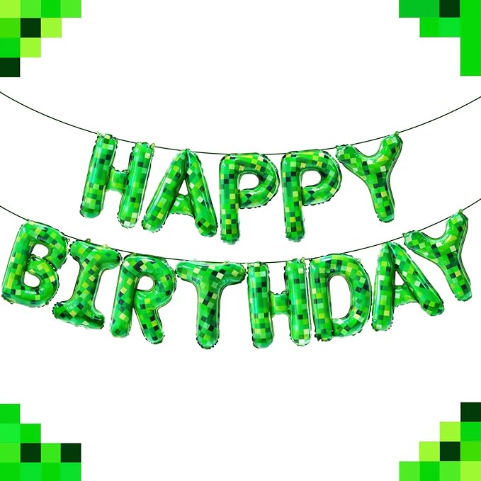TNT Pixel Happy Birthday Banner Party Decorations Foil Balloons Letters Signs Blast Gaming Party Miner Supplies for Boy Girl
