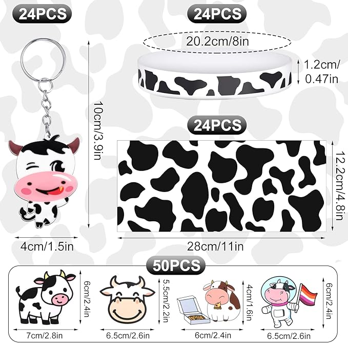 Chunful 148 Pcs Cow Party Favors Include Cow Print Gift Bag Cute Keychain Elastic Silicone Bracelets Animal Stickers for Birthday Party Supplies