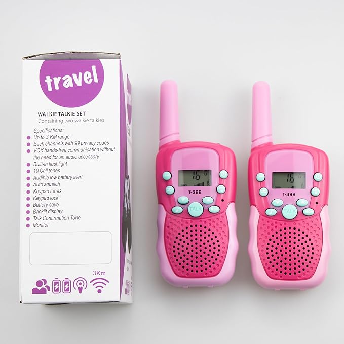 Kids Walkie Talkies T-388 Mini 2 Way Radio USB Rechargeable 22 Channels Long Range Toys for Boys Girls 3-12 Years Old Birthday Gift, Outdoor Adventures, Camping, Hiking (2 Pack, Pink)