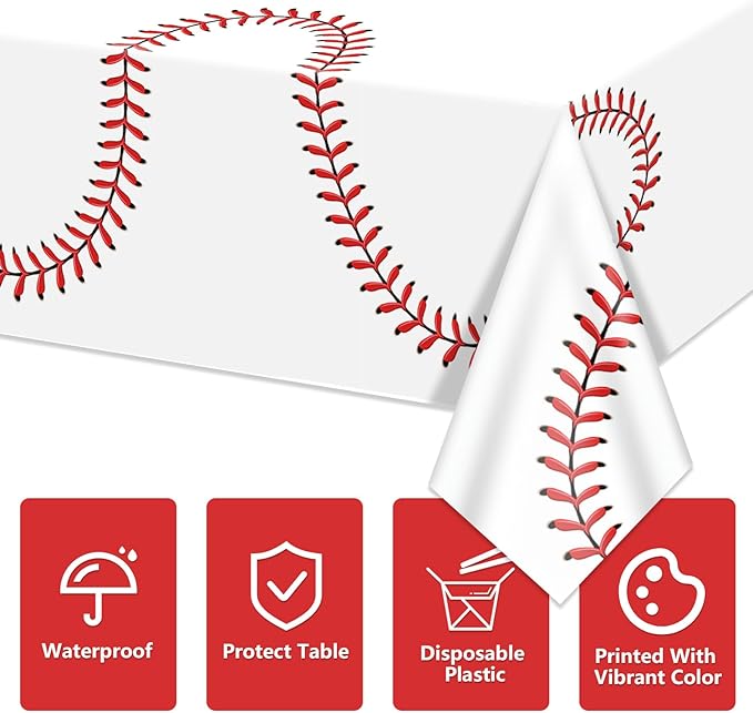 Baseball Tablecloth - White Baseball Tablecloth Plastic Disposable Decorations for Game Day Sports Theme Party Supplies, 4 Pack, 51'' x 86''