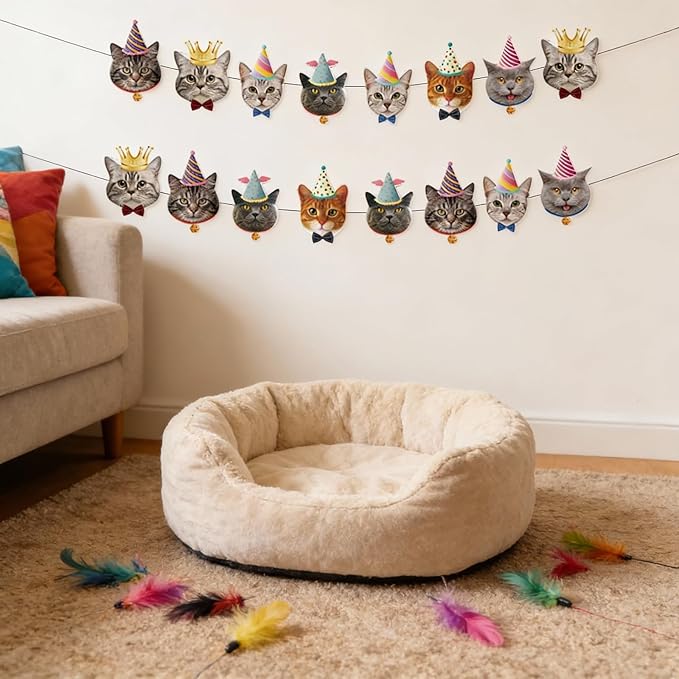 Cat Banner Decor, Cat Birthday Party Decorations Backdrop for Kids Girls Boys Animal Theme Party Supplies, Cat Hanging Paper Garland Sign for Party Photo Prop Room Decor
