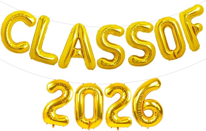 TONIFUL Gold Class of 2026 Graduation Balloon Banners Foil Balloons Decorations 2026 Congrats Grad Balloons for Class of 2026 Congratulation Graduations Party Supplies