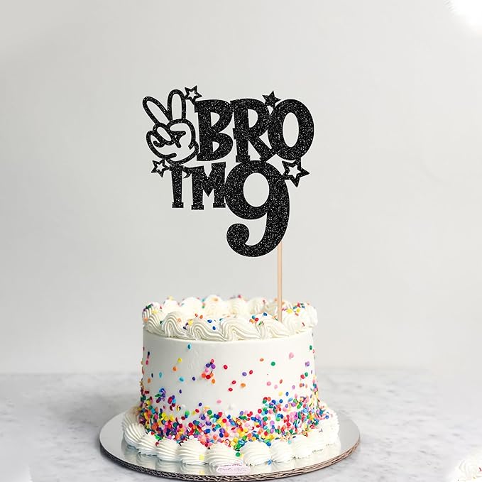 1 PCS Brother I'm 9 Cake Topper Glitter Star Happy 9th Birthday Cake Pick Bro I'm 9 Cake Decoration It's My 9th Birthday Decorations for Boys Cheers to 9 Years Old Birthday Party Supplies Black