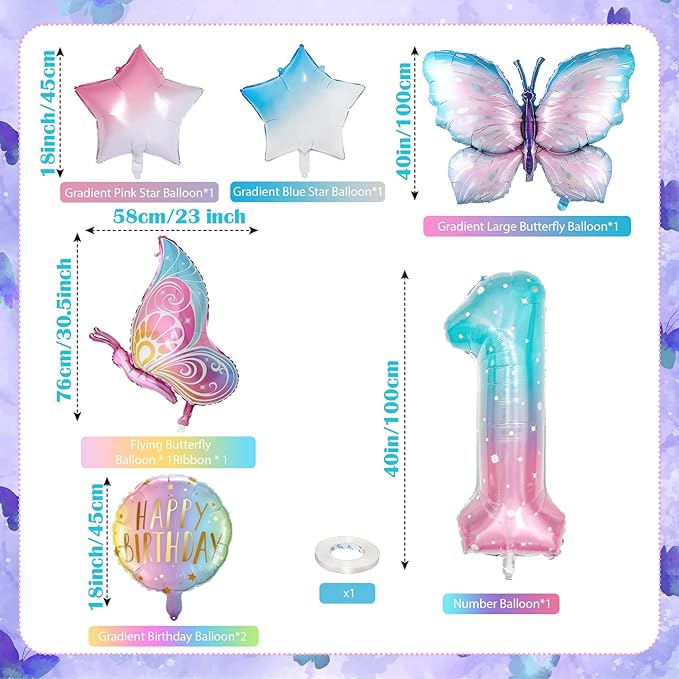 Butterfly Birthday Decorations, Butterfly Balloons, 1st Birthday Party Decorations for Girls, Fantasy Numbers 1 Foil Balloon for Princess Girl Aluminum Film Balloons Party Decor Supplies