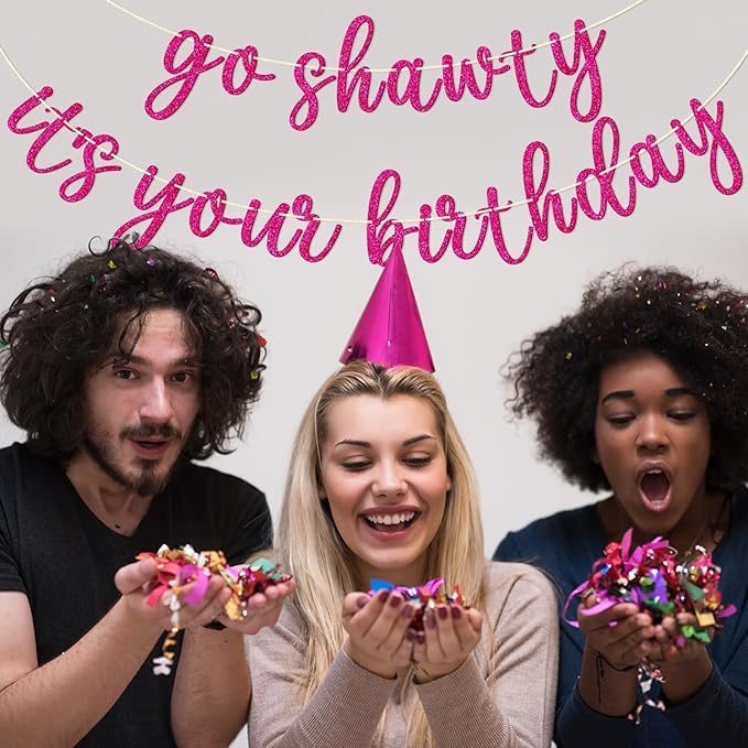 Go Shawty It's Your Birthday Banner, Hip Hop Birthday Party Decorations Supplies, Rap Theme Bday Bunting Sign, Pre-strung, Photo Props (Pink)