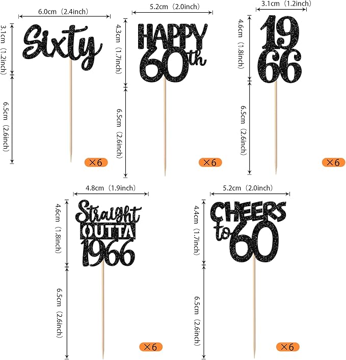 30PCS Black 60th Birthday Cupcake Toppers Glitter Sixty Happy 60 Straight Outta 1966 Cupcake Picks for Cheers to 60 Years 60th Birthday Wedding Anniversary Party Decoration Supplies