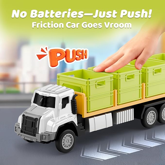iPlay, iLearn Kids Friction Food Transport Truck Toys, Toddler Push Go Car Vehicle W/Storage Boxes & Foods, Alloy Head Cargo Carrier Play Trucks, Birthday Stocking Gift for 3 4 5 Year Old Boy Girl