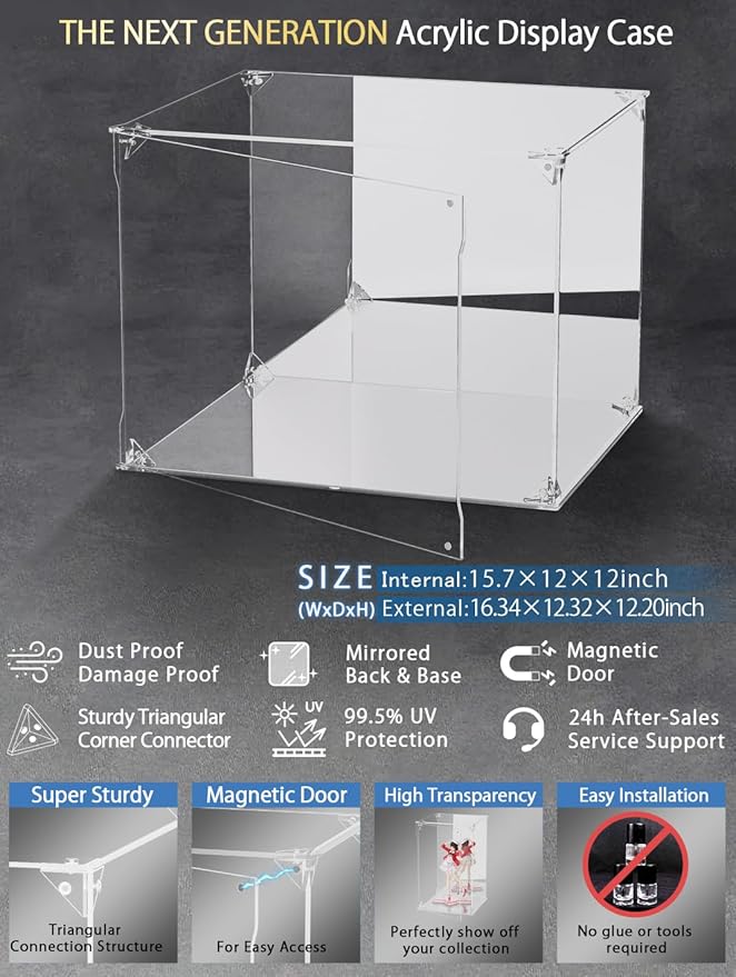 Football Helmet Display Case with Mirrored Back and Base,Full Size Acrylic Baseball Motorcycle Helmet Showcase with Magnetic Door, UV Protected Display Box Showcase for Collectibles(15.7x12x12inch)