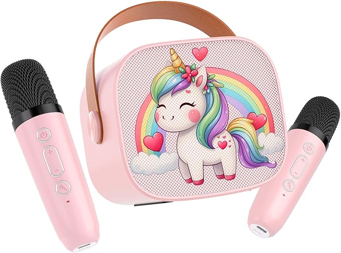 Mini Karaoke Machine for Kids,Portable Bluetooth Speaker with 2 Microphones,Rechargeable Battery,FM Radio,USB Playback,LED Lights for Boys & Girls Children's Gifts-Pink Pony