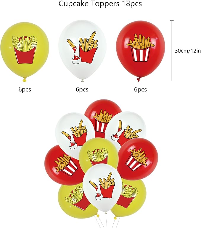 French Fries Birthday Party Supplies French Fries Party Decorations Include HAPPY BIRTHDAY Banner Balloons Cake Topper Cupcake Toppers Fast Food Birthday Party Decorations