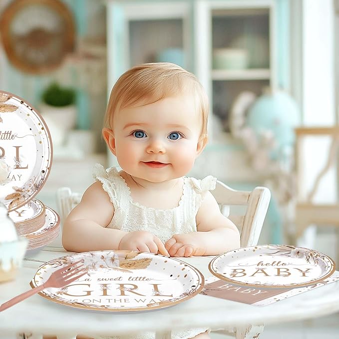 96pcs Boho Baby Shower Party Decorations Boho Hello Baby Girl Pink Floral Plates and Napkins A Sweet Little Girl is on The Way Decorations for Girls Spring Flowers Bohemain Birthday Supplies Serves 24