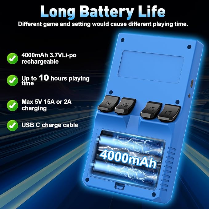 Hugawello R40 MAX handheld device, 40000 in 1 high-definition gaming mini retro video console, 4-inch IPS screen, 256GB RAM, 45 built-in emulators, 3800mAh battery (blue 256GB)