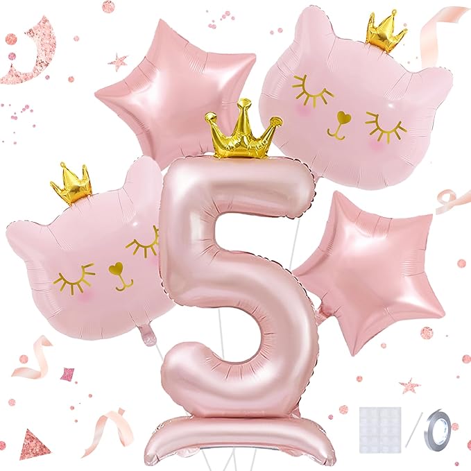 Pink Cat Balloon Set, Crown Cat Foil Balloon, 5 Year Old Girl Birthday Party Decoration, Cat Theme Party Decoration, Theme Party Supplies for Girls Kitten Pet Cat (5)